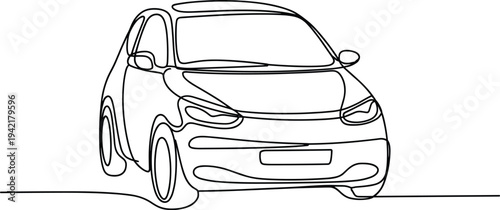 Simple Continuous Line Art of a Compact Car on a White Background Keywords: car, automobile, vehicle, transportation, travel, driving, road, journey, commute, line art, continuous line, single