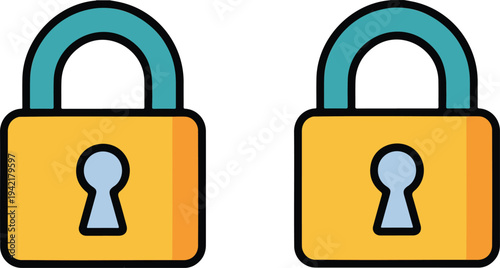 Minimalist padlock icon illustration with turquoise shackle and yellow body showing security and protection concept in flat vector style