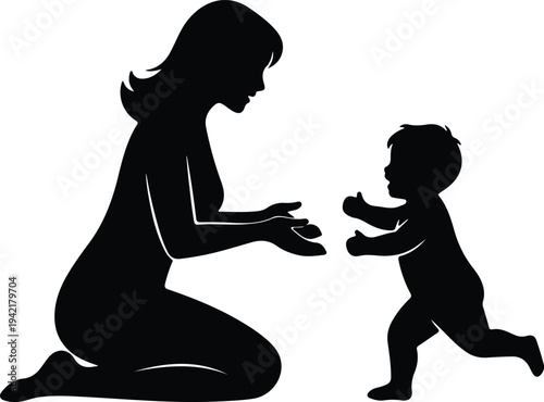 Vector mother encouraging baby first steps love care family parenting silhouette design