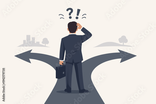 Vector illustration of a confused businessman standing at a fork in the road, scratching his head while deciding between two paths leading to a city or nature, representing career choices.