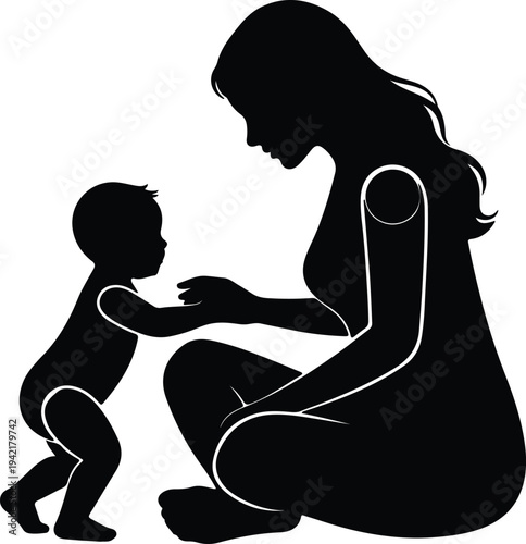 Vector Mother Helping Baby Take First Steps Family Bonding Silhouette Design