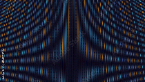 A precise arrangement of thin blue and orange illuminated lines extends across a vast dark space