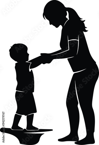 Vector mother helping child learn first steps family support silhouette design