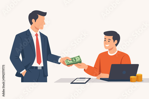Businessman in a suit giving cash salary to a happy employee at a desk with a laptop and coins. Concept of payment, wage, bonus, financial reward, and professional business transaction.