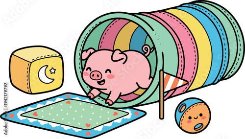 Cute smiling pink piglet running through colorful tunnel with playful toys and green carpet in children play area vector art
