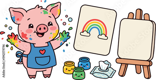 Cute piglet with paint splattered on body smiling happily in blue apron standing next to easel and colorful paint jars