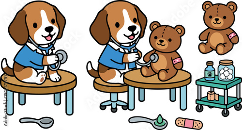 Cute beagle puppy playing doctor checking teddy bear with stethoscope sitting on wooden table with medical supplies
