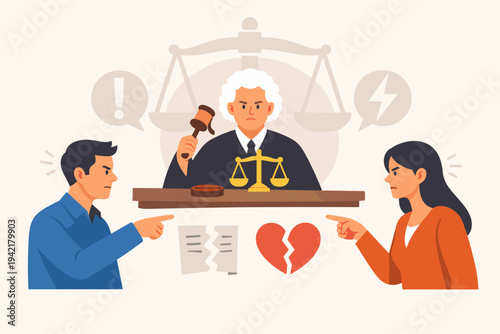 Flat Vector Illustration of a Judge Presiding Over a Divorce Court Case Between an Angry Man and Woman, Legal Dispute with Gavel, Scales of Justice, Torn Contract, and Broken Heart Symbol.