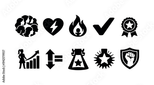 Community empowerment silhouette icon set. Teamwork, success, equality icons collection.