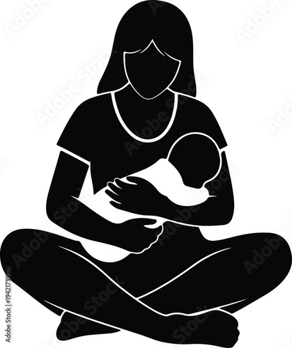 Vector mother holding newborn baby in arms love care minimal silhouette design