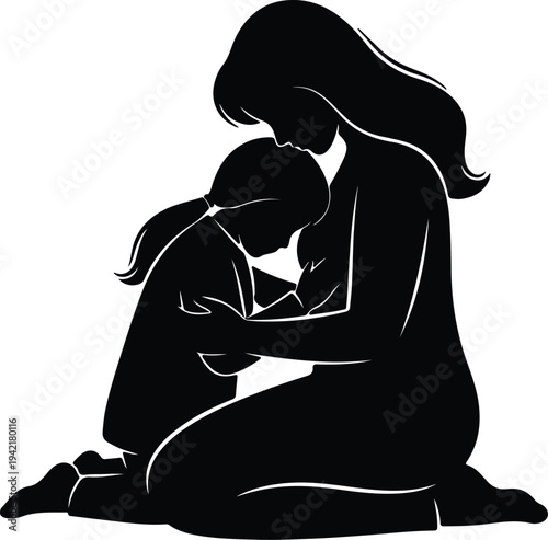 Vector mother hugging daughter showing love care family bond silhouette design