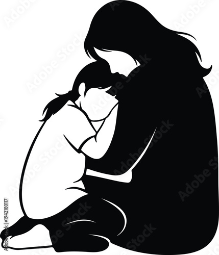 Vector Mother lovingly embraces child expressing support and comfort silhouette design