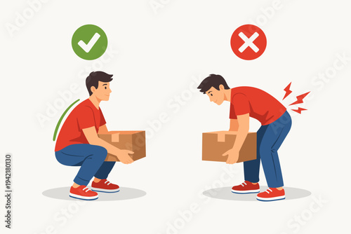 Young man demonstrating correct and incorrect lifting techniques for heavy boxes to prevent back pain and injury, showing proper squatting posture versus dangerous bending over, flat vector art.
