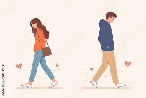 Sad young couple walking away from each other after a breakup or divorce. Flat vector illustration of a man and woman parting ways with broken heart symbols, representing sorrow and separation.