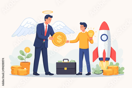 Angel Investor Providing Capital to Startup Entrepreneur for Business Growth. Flat Vector Illustration of Venture Capital Funding, Innovation, and Financial Support for Small Business Success.