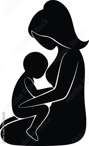 Vector nurturing mother gently holding and feeding newborn baby silhouette design