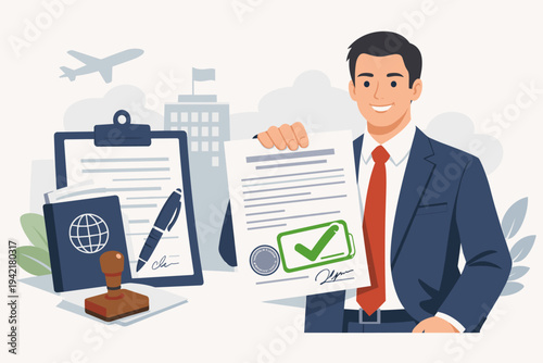 Smiling Businessman Holding Approved Work Permit Document with Green Checkmark Stamp, Employment Contract Agreement, Visa Application Success, Legal Paperwork for International Job and Travel
