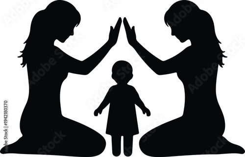 Vector two women protecting child forming roof shape silhouette design