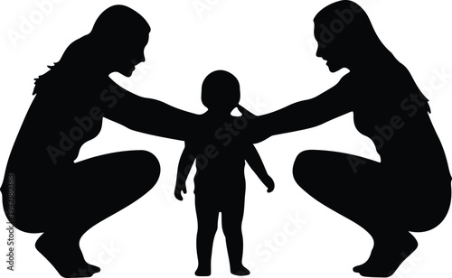 Vector two women caring for a child family concept silhouette design