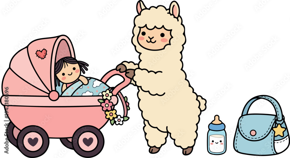 Obraz premium Cute fluffy alpaca pushing pink baby stroller with sleeping child and colorful flowers beside milk bottle and blue bag