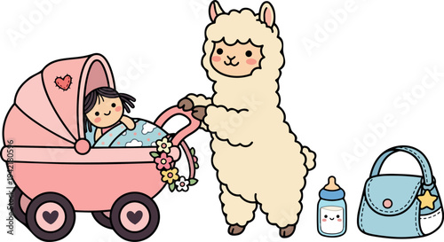 Cute fluffy alpaca pushing pink baby stroller with sleeping child and colorful flowers beside milk bottle and blue bag