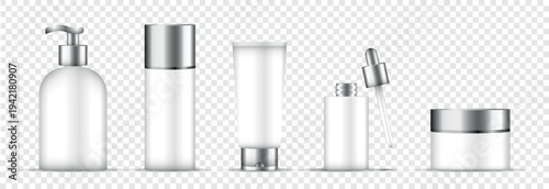 Realistic cosmetic packaging set with pump bottle tube and cream jar vector illustration