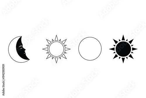 Vector illustration of four phases of the sun and moon, crescent, full sun, new moon, and solar eclipse, black icons on white background for astronomy and education use.