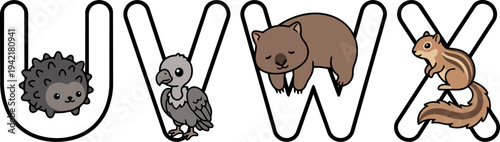 Cute cartoon animals hedgehog vulture wombat and chipmunk combined with letters u v w x in minimalist vector art style