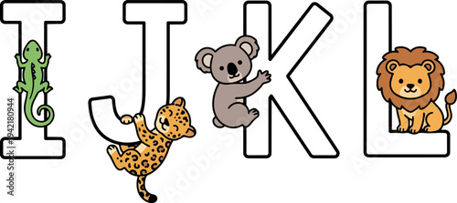 Cute jungle animals climbing and sitting on outlined letters i j k l colorful playful children illustration vector art