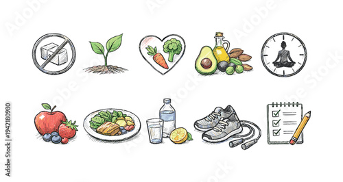 Healthy lifestyle, wellness icon set. Fitness, nutrition, mindfulness outline icons.