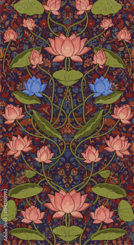 Vibrant floral pattern featuring pink lotus flowers and green leaves on a dark blue background with intricate red designs