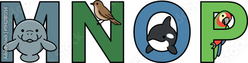 Colorful animal alphabet letters m n o p featuring manatee sparrow killer whale and parrot in playful vector art style