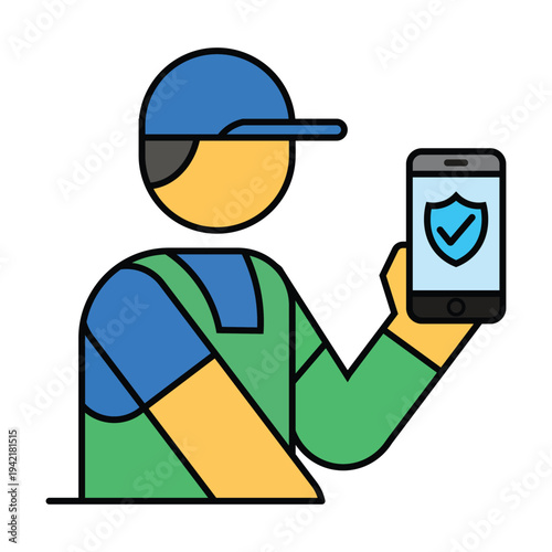 Delivery person holding smartphone with security shield icon, Cartoon delivery person