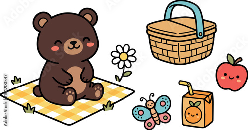 Cute kawaii bear sitting on yellow picnic blanket with butterfly flower apple juice box and basket smiling cartoon style cheerful vector art