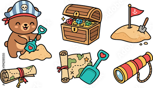 Cute pirate bear digging with shovel by sand piles treasure chest and rolled map playful colorful vector illustration set