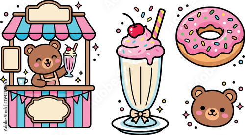 Cute smiling bear selling pink and blue striped milkshakes with cherry and donut sweet treats isolated vector art