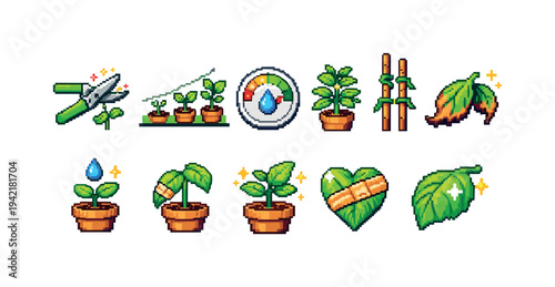 Gardening linear icon set. Plant growth, watering, pruning icons outline style collection.