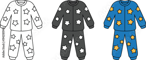 Minimalist children pajamas icon set with outline, gray and blue designs featuring star pattern sleepwear in clean vector style