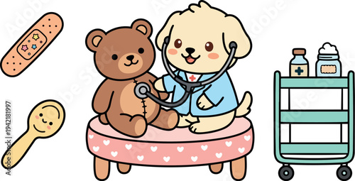 Cute vector dog veterinarian using stethoscope to check brown teddy bear sitting on pink heart patterned bench with medical cart and supplies