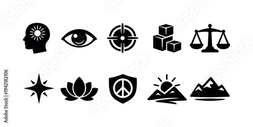 Mindfulness and balance silhouette icon set. Meditation, nature, symbol icons collection