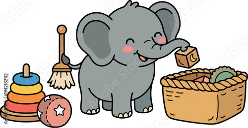 Cute cartoon baby elephant playing with wooden block and toys near wicker basket of colorful kids items