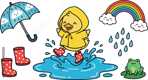 Colorful flat design cheerful duckling in yellow raincoat jumping in blue rain puddle with red polka dot boots smiling umbrella and rainbow illustration