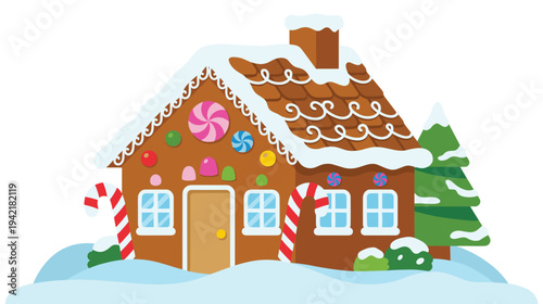 A gingerbread house decorated with colorful candies surrounded by snow