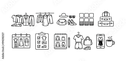 Fashion and lifestyle outline icon set for clothing, accessories, and shopping