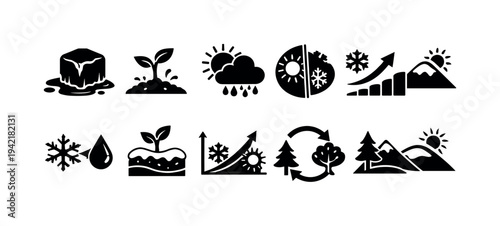 Weather and nature silhouette icon set. Seasonal, climate change icons silhouette collection.