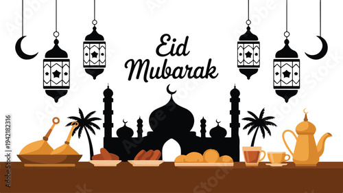 Eid Mubarak decoration with lanterns mosque food and city skyline silhouette festive Islamic celebration vector illustration