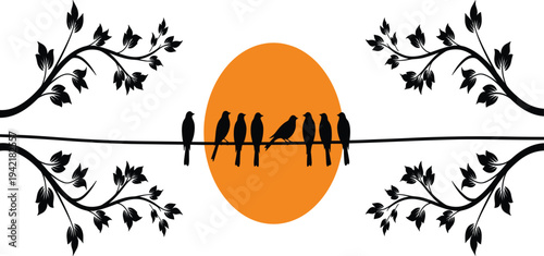 Birds Silhouette Sitting on Branch with Sunset Background Decorative Floral Frame Vector Illustration Design