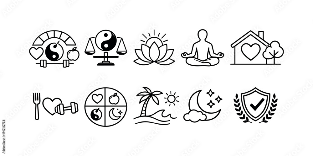 Fototapeta premium Health and wellness icon set. Fitness, meditation, yoga, balance, nature icons outline series