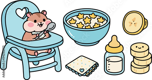 Cute hamster eating star shaped cereal sitting in blue baby high chair with bottle milk and banana slices vector art illustration