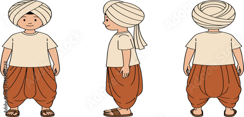 Indian Village Boy Character Turnaround with Traditional Turban and Dhoti Front Side and Back View Cartoon Vector Illustration